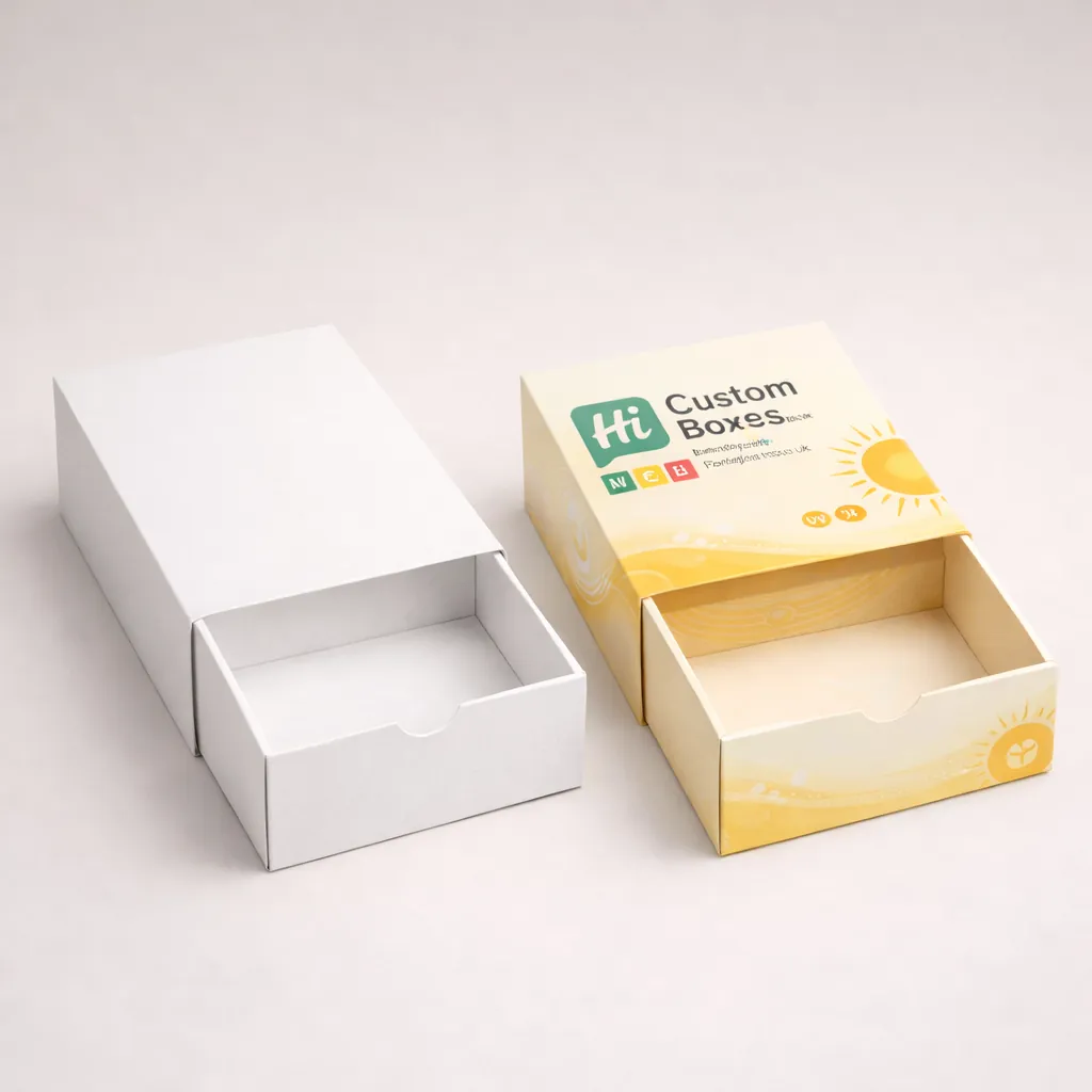 Two drawer-style slide boxes, one plain white and one featuring custom yellow and orange branding. class=